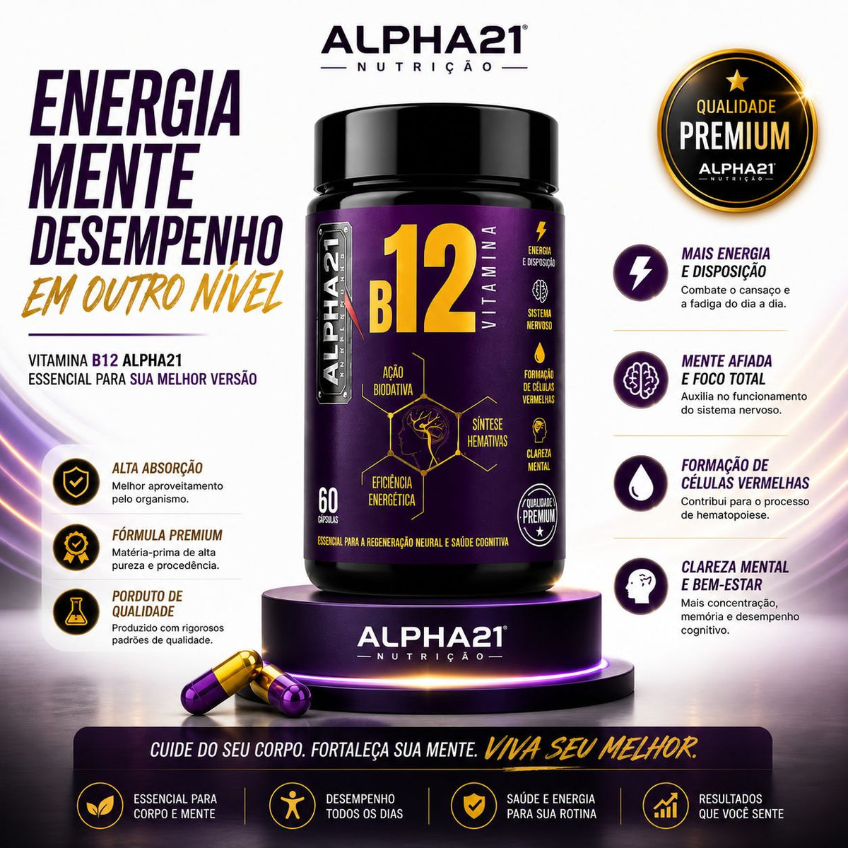 Vitamina B12 Metilcobalamina ALPHA21 | 60 Cápsulas – Fórmula de Alta Absorção