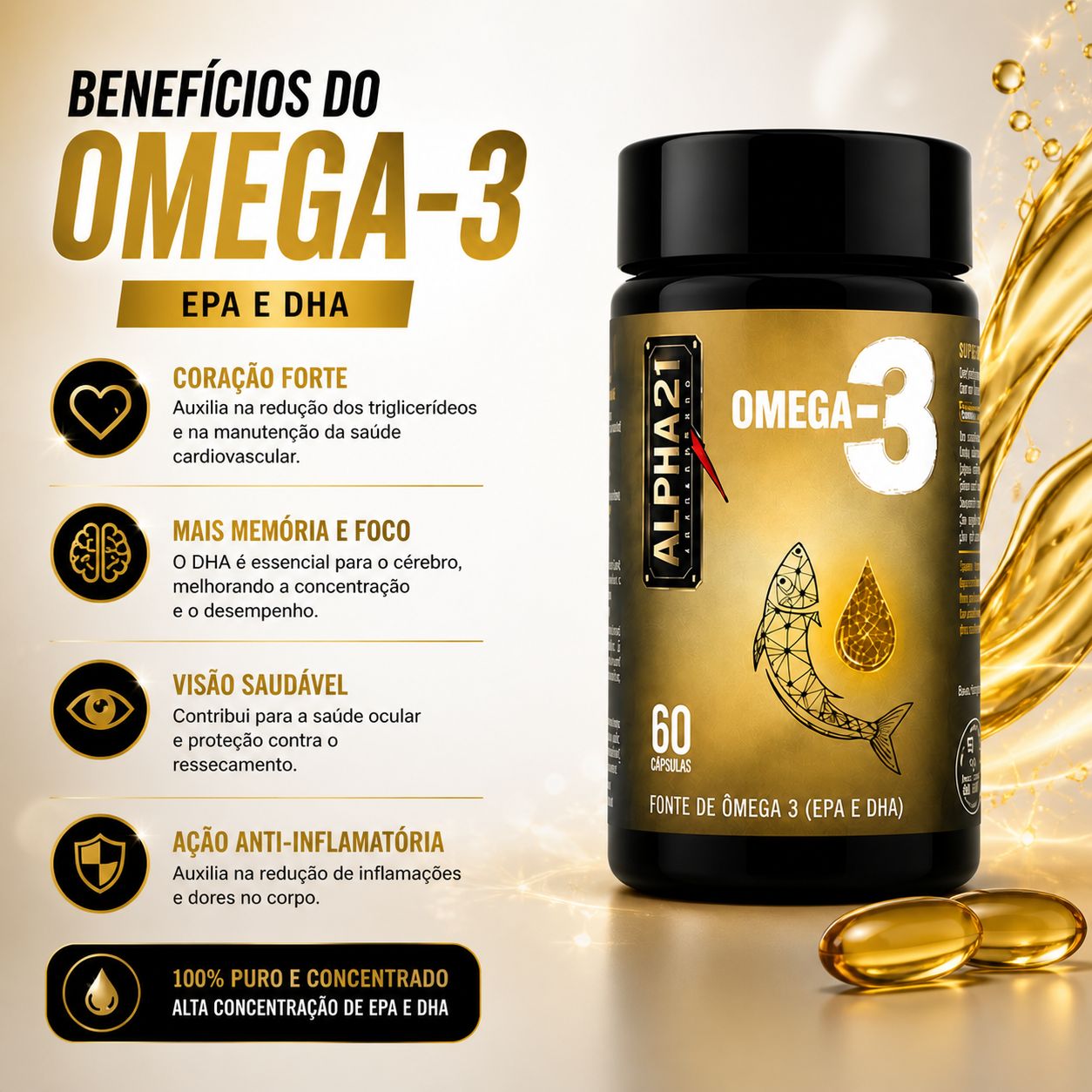 Suplemento Omega 3 ALPHA21 – EPA e DHA para saúde cardiovascular