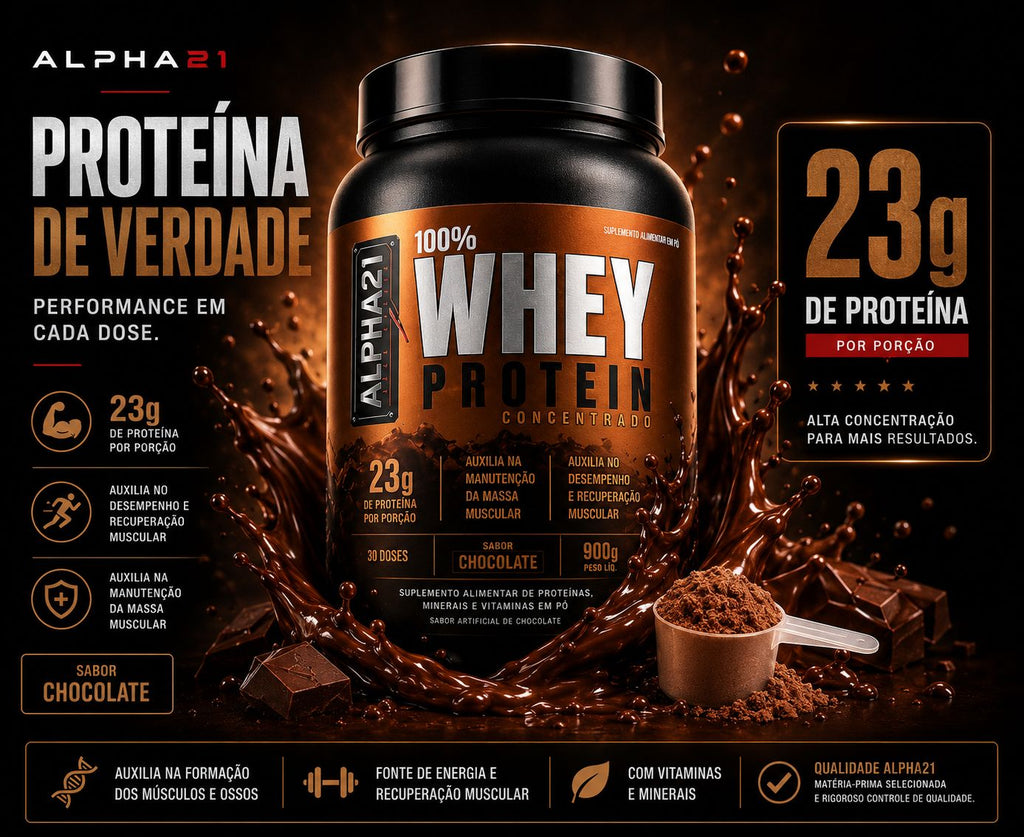 Whey Protein ALPHA21 sabor Chocolate – concentrado 900g para hipertrofia
