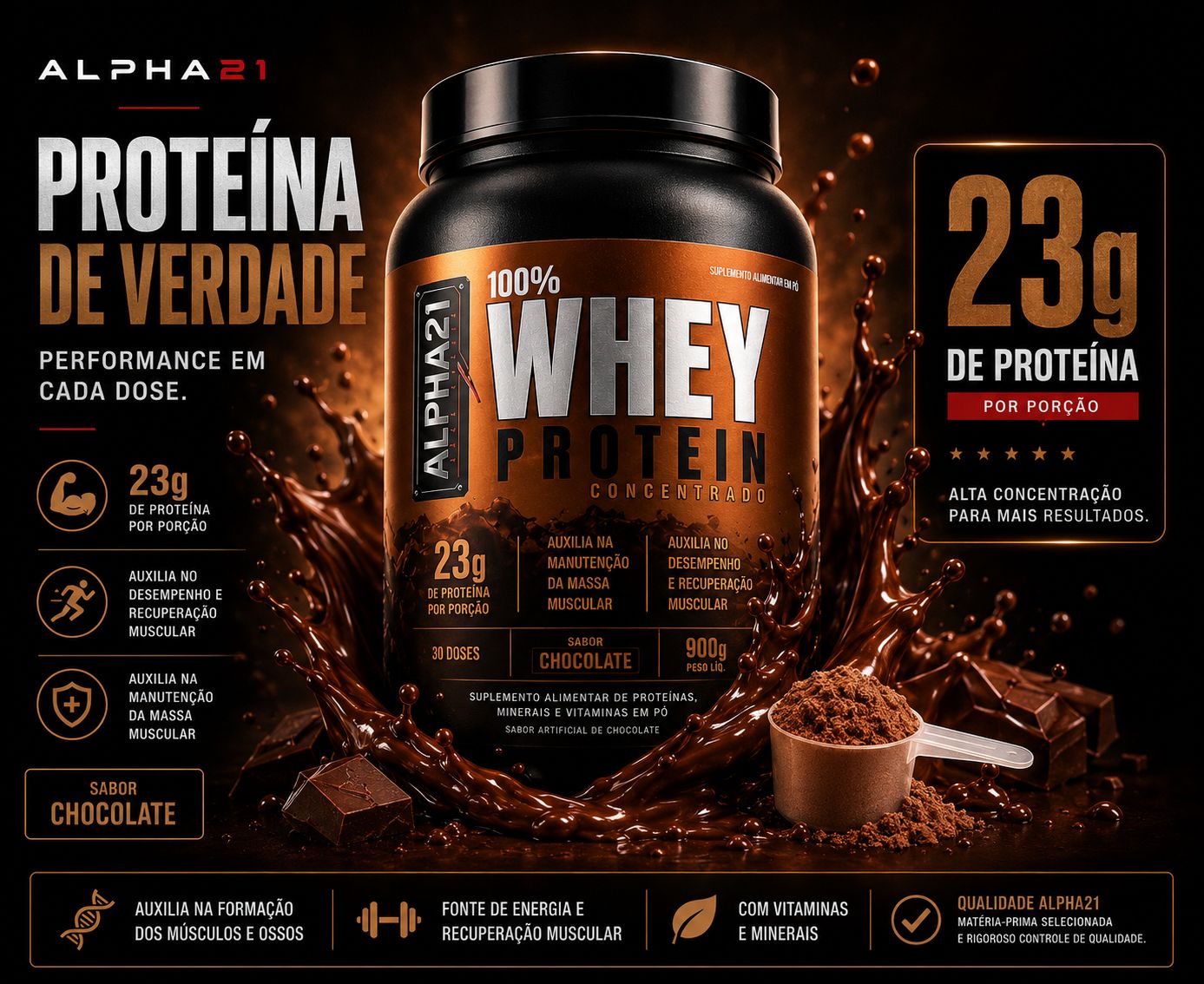 Whey Protein ALPHA21 sabor Chocolate – concentrado 900g para hipertrofia
