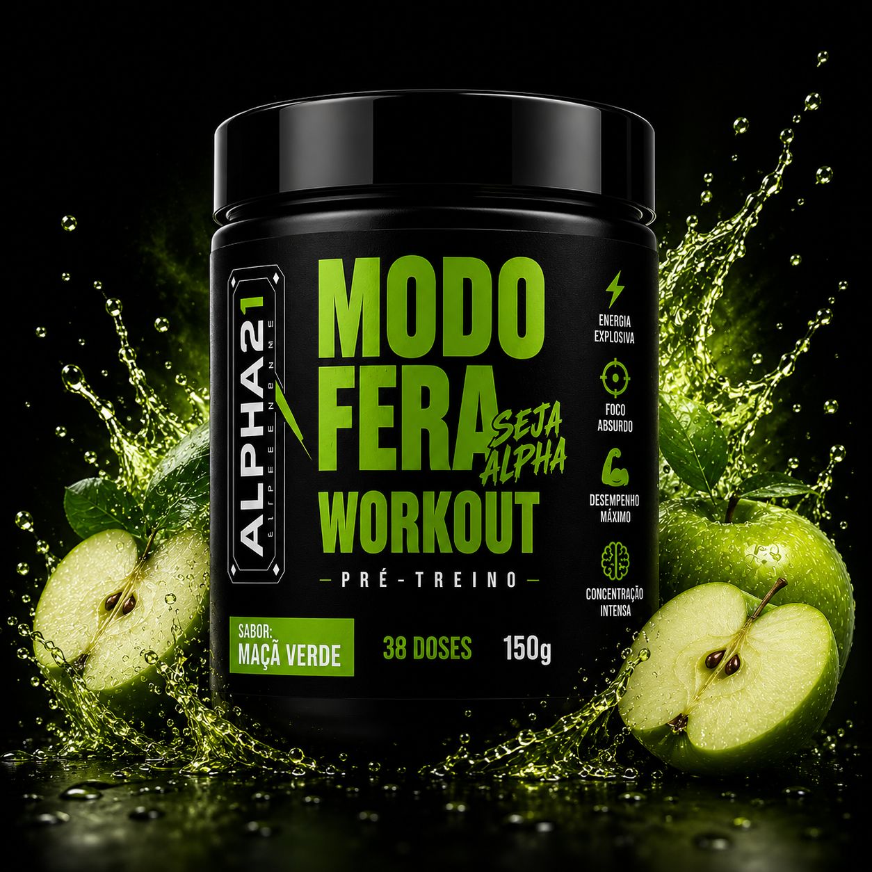 Pré-Treino Maçã Verde ALPHA21 150g – energia premium para treino intenso