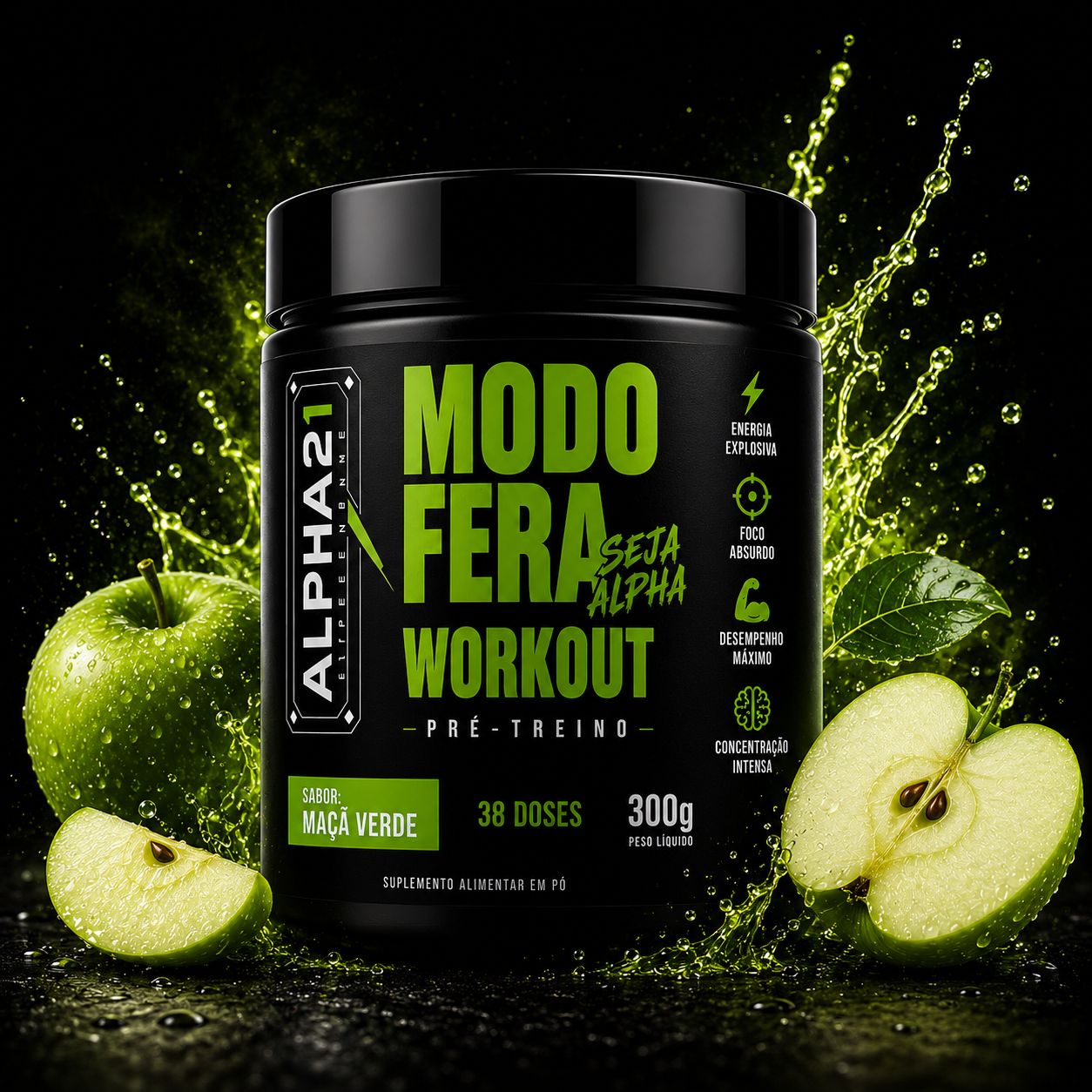 Pré-Treino Maçã Verde ALPHA21 300g – energia premium para treino intenso
