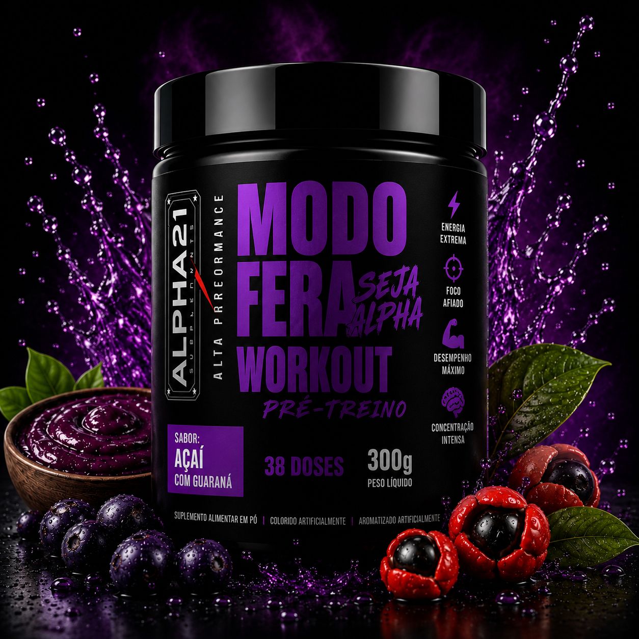 Pré-Treino Açaí ALPHA21 300g – energia e foco premium para treino intenso