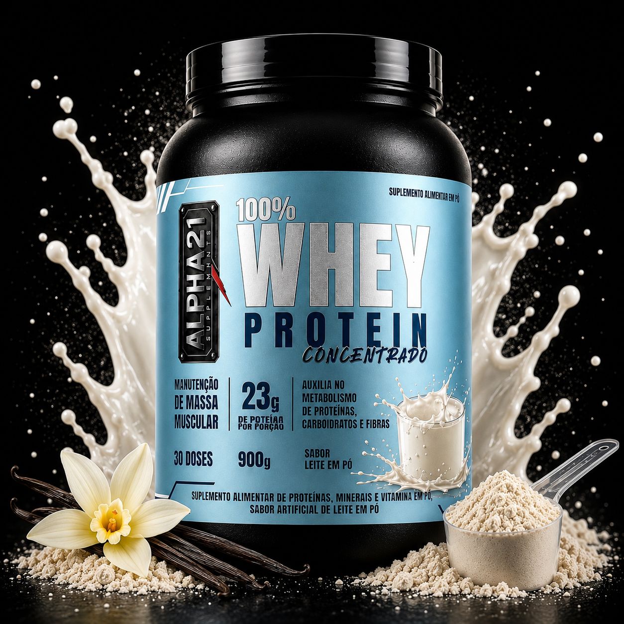 Whey Protein ALPHA21 Leite em Pó – suplemento proteico 900g