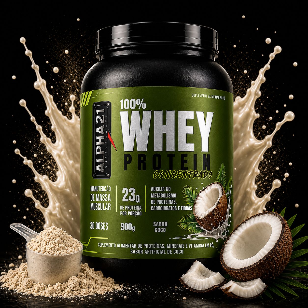 Whey Protein Coco ALPHA21 – concentrado 900g sabor coco