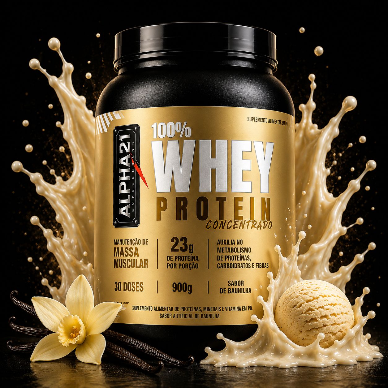Whey Protein Baunilha ALPHA21 – concentrado 900g sabor baunilha