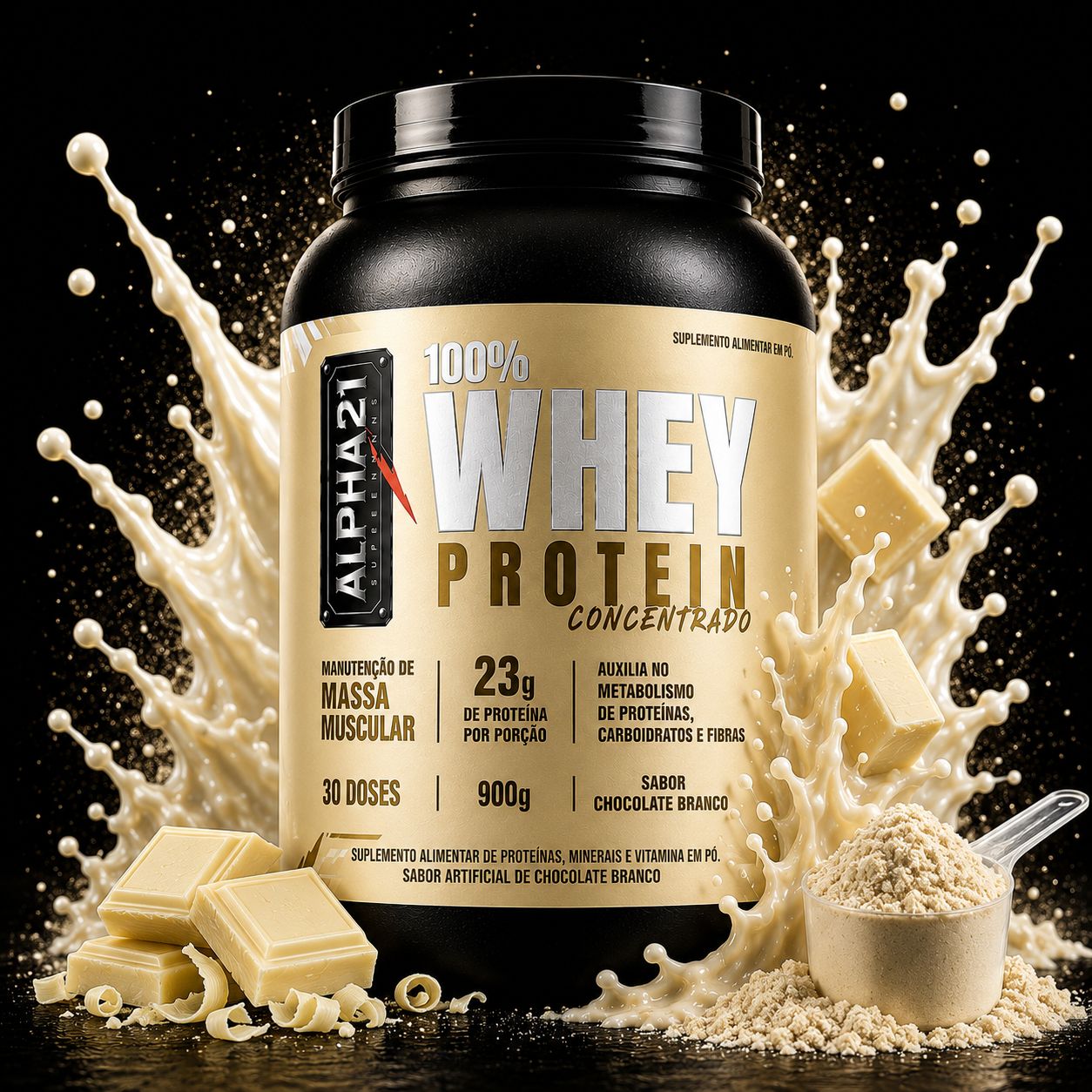 Whey Protein Chocolate Branco ALPHA21 – concentrado 900g