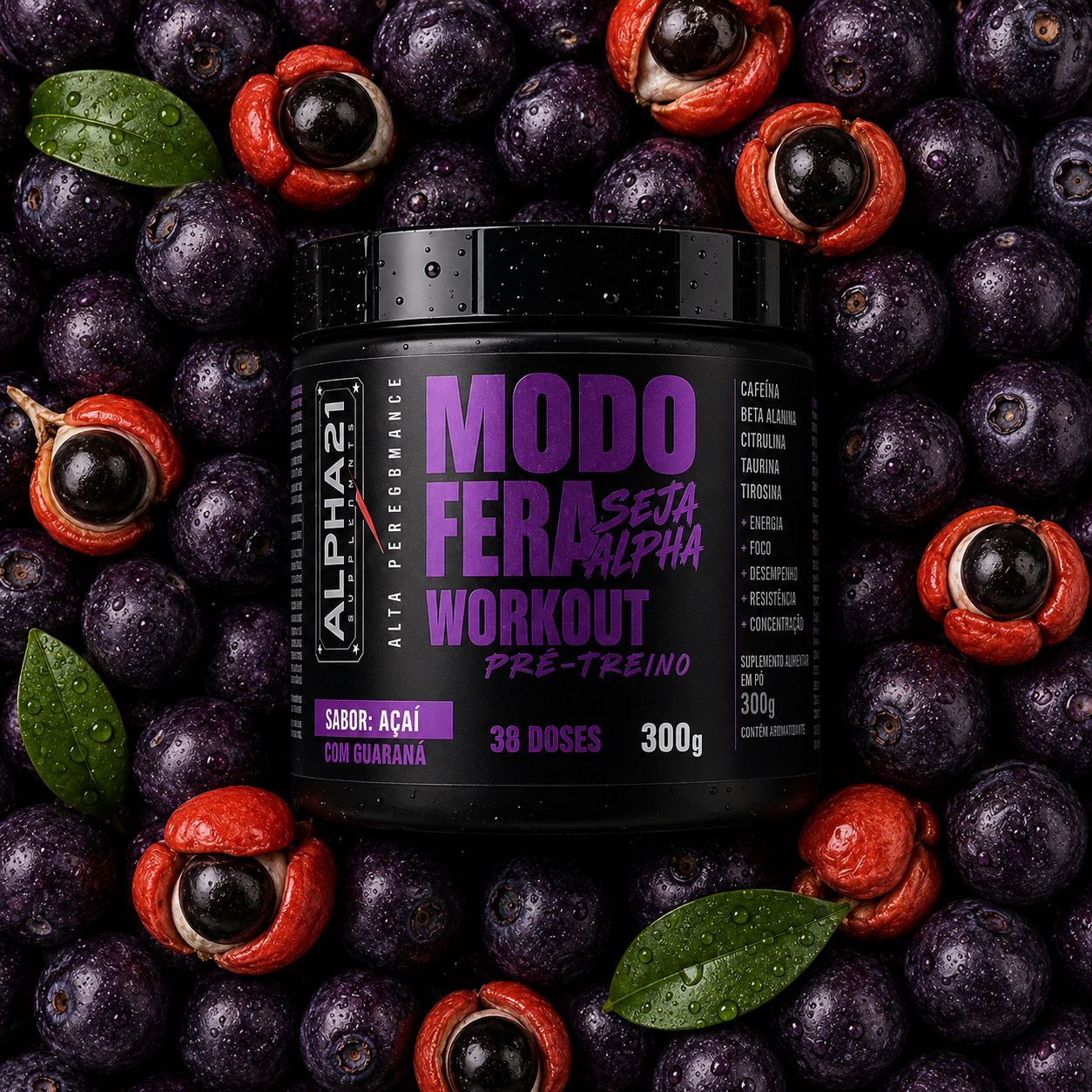 Pré-Treino ALPHA21 300g Açaí – Energia e Foco Premium