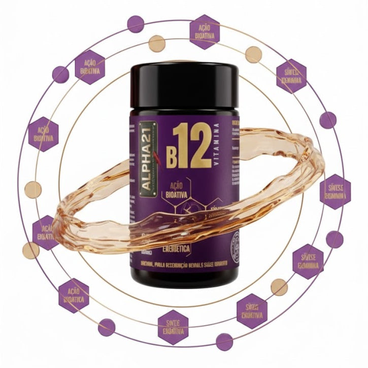 B12 ALPHA21 | Complexo Premium de Metilcobalamina em frasco roxo com selo de pureza e ação bioativa. Suplemento para energia e função neurológica.