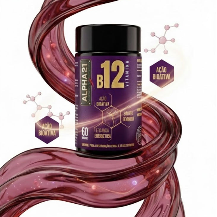 B12 ALPHA21 | Complexo Premium de Metilcobalamina com 60 cápsulas, suplemento de alta biodisponibilidade para energia e função neurológica.
