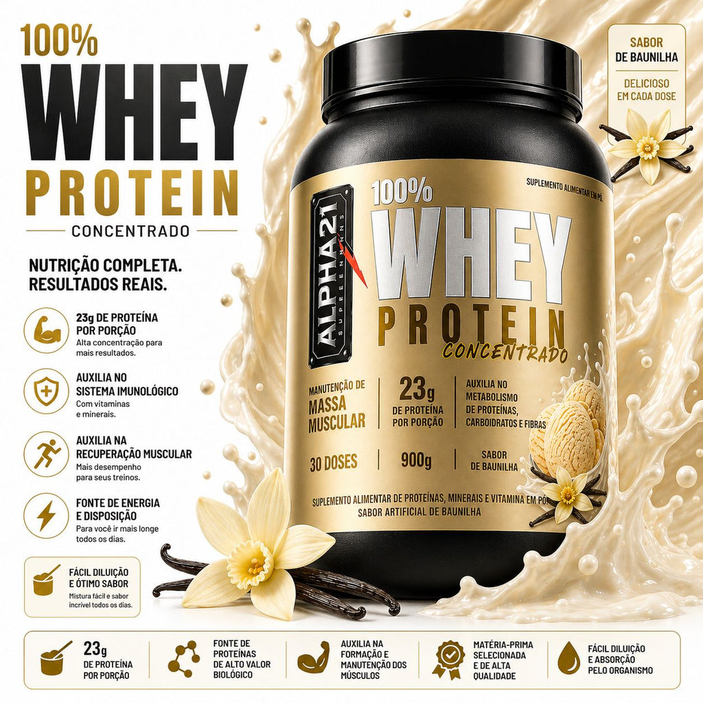 Whey Protein ALPHA21 sabor Baunilha – concentrado 900g para hipertrofia