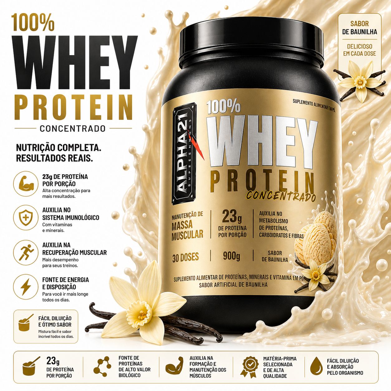 Whey Protein ALPHA21 sabor Baunilha – concentrado 900g para hipertrofia