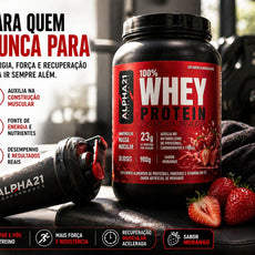 Whey Protein ALPHA21 sabor Morango – concentrado 900g para hipertrofia