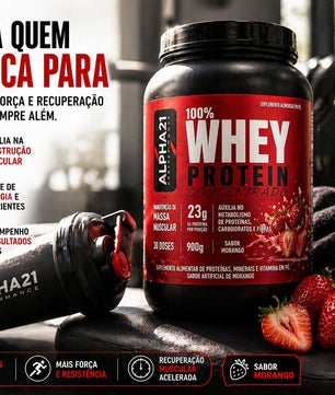 Whey Protein ALPHA21 sabor Morango – concentrado 900g para hipertrofia