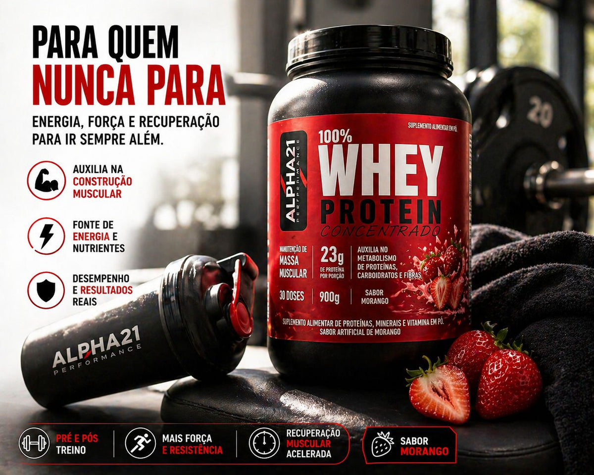 Whey Protein ALPHA21 sabor Morango – concentrado 900g para hipertrofia