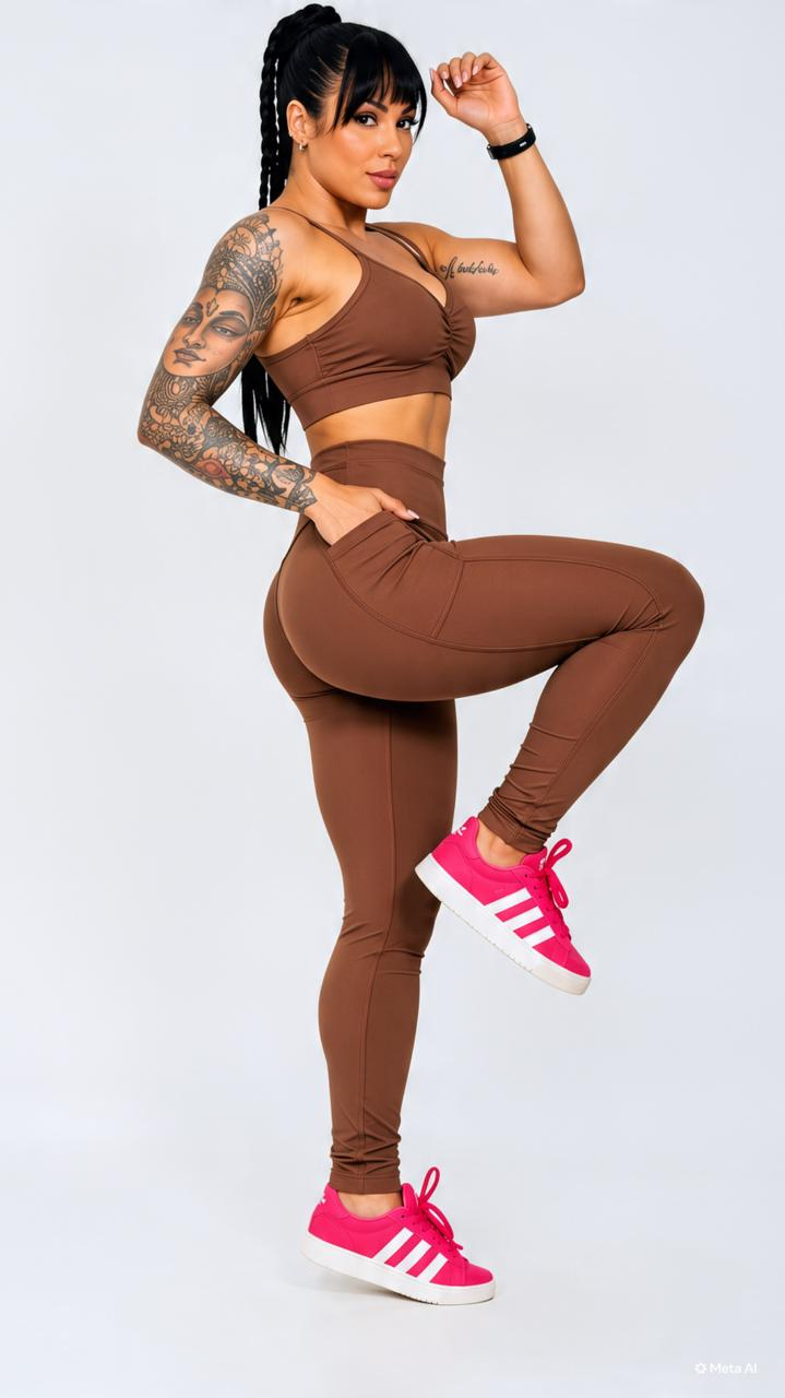 Conjunto fitness feminino marrom com top e legging