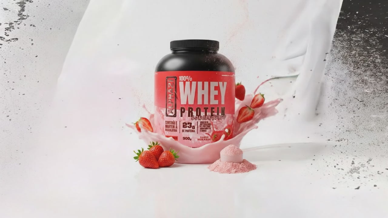 Whey Protein ALPHA21 Morango 900g - Suplemento proteico concentrado com 24g de proteína, BCAAs e aminoácidos essenciais - Fabricado sob BPF ANVISA